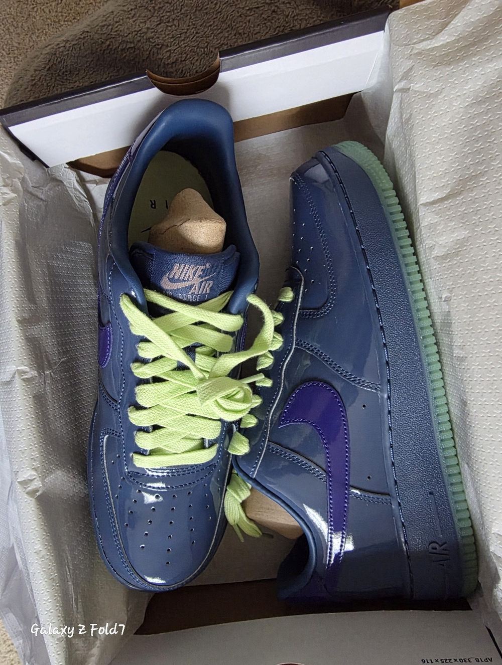 Nike Air Force 1 Patent Leather Sneakers in Navy, Purple & Lime